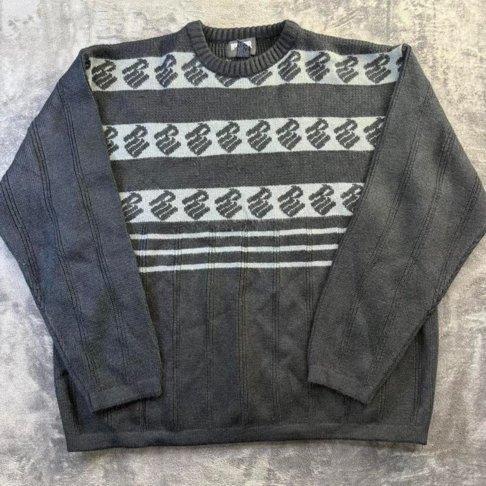 Rocawear Knit Sweater Men's XXL Black Gray Monogram Stripe Y2K Hip Hop Crewneck